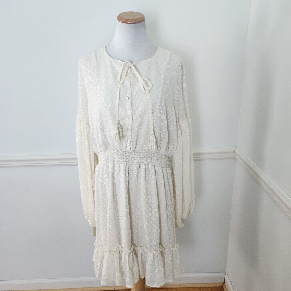 New Lulus Dress XL Swiss Dot Peasant Long Slv Cream Womens Casual Party …